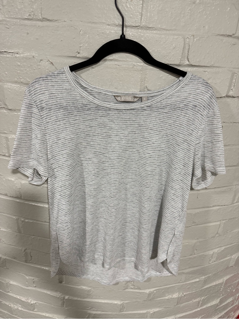 Athleta White and Gray Striped Short Sleeve Tee